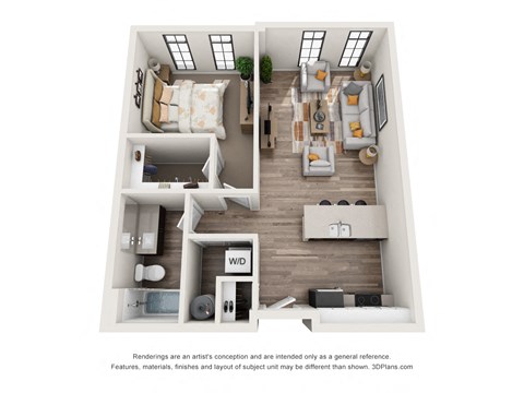 1 bed 1 bath floor plan F at 1400 Russell Apartments, Saint Louis, MO
